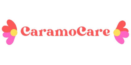 CaramoCare logo with the pink, red and yellow half-flowers book-ending the Word CaramoCare. On a white background